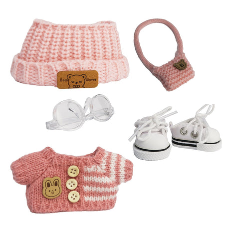 5-Pcs Handmade Crochet Doll Clothes for 15-17cm Plushies, Aesthetic Pink Knitted Set with Bear Velvet Hat, Canvas Shoes & Bag - Soft Dress-up Gear for Art Figures, Idol & Cotton Styles (No Doll)