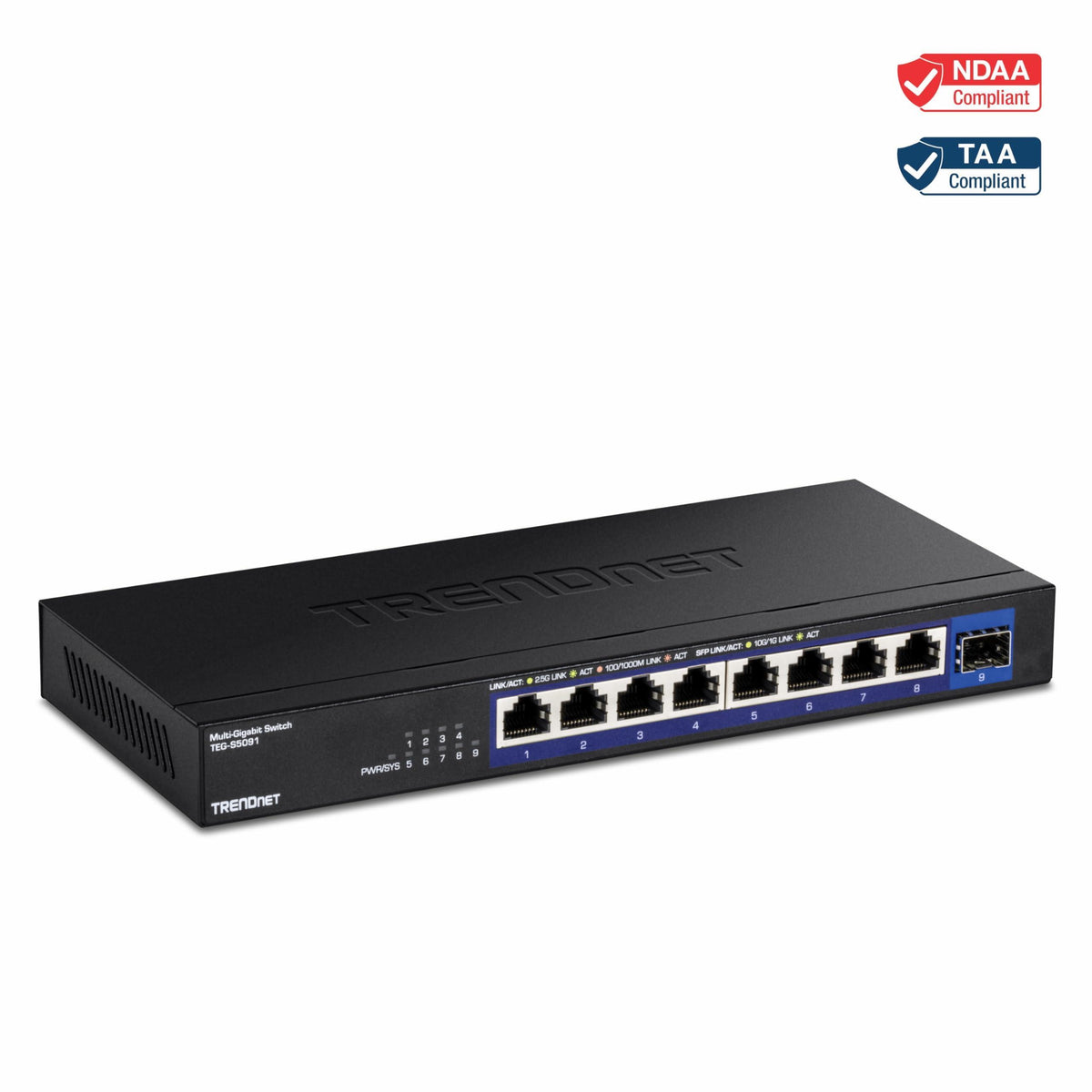 TRENDnet 9-Port Unmanaged 2.5G Switch with 10G SFP+ Port, TEG-S5091, 8 x 2.5GBASE-T Ports, 60Gbps, Wall Mountable, Ethernet Splitter, NDAA & TAA Compliant, Lifetime Protection, Black