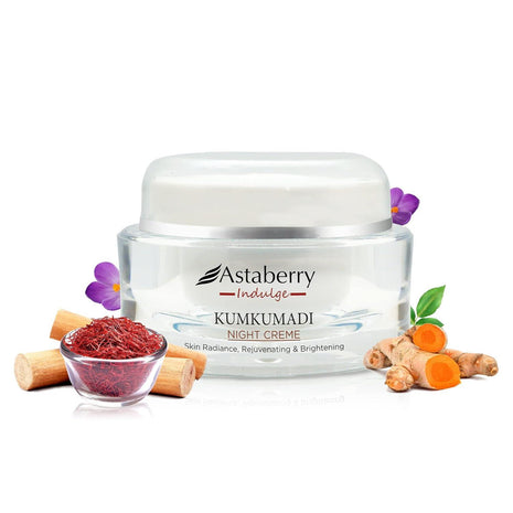 Astaberry Indulge Kumkumadi Night Cream for Glowing Skin | Dark Spot Reduction | Rejuvenates Dull Skin | For Normal, Oily, Acne-Prone, Combination Skin | 50 g