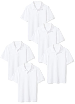 Amazon Essentials Boys' Short-Sleeve School Uniform Pique Polo Shirts, Pack of 5, White, Small