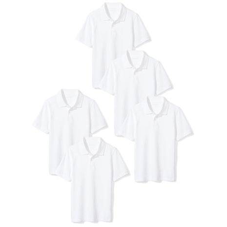Amazon Essentials Boys' Short-Sleeve School Uniform Pique Polo Shirts, Pack of 5, White, Small