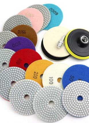 4 Inch Diamond Polishing Pads with 5/8''-11 Backer Pad, 12PCS Wet/Dry Granite Stone Polish Pad Kit for Drill, Grinder, Polisher, 50-6000 Grit Polishing Pad for Concrete Marble Rock Countertop Quartz