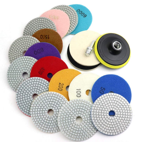 4 Inch Diamond Polishing Pads with 5/8''-11 Backer Pad, 12PCS Wet/Dry Granite Stone Polish Pad Kit for Drill, Grinder, Polisher, 50-6000 Grit Polishing Pad for Concrete Marble Rock Countertop Quartz