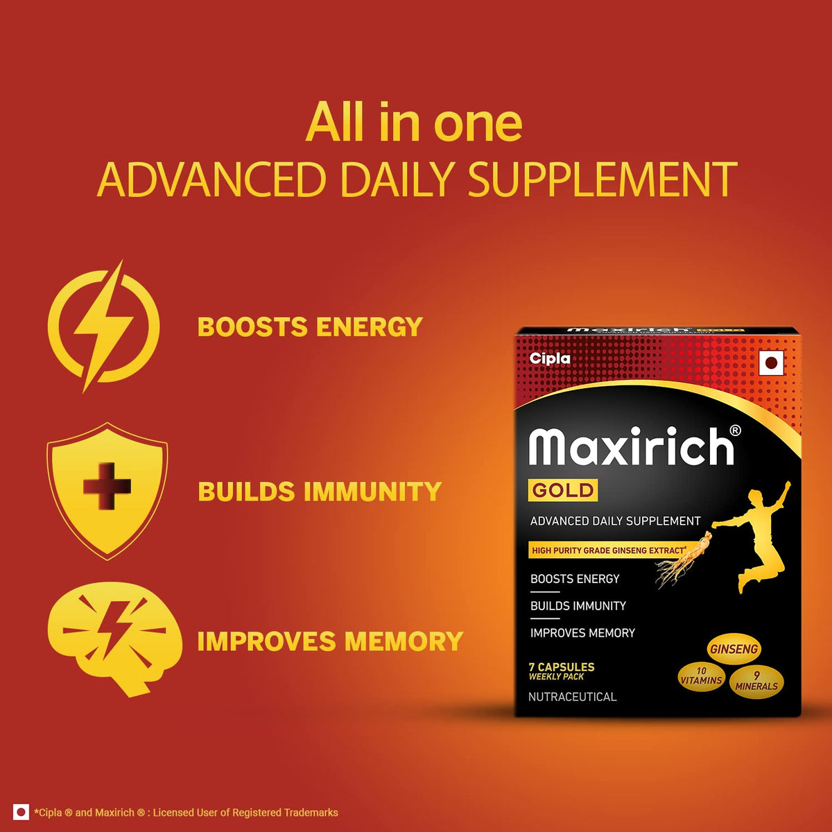 Cipla Maxirich Gold Daily Multivitamin (35 Softgels) with high purity grade Ginseng Extract*, 10 Vitamins and 9 Minerals | Boosts Energy & Immunity | Reduces Fatigue | Helps Improve Mental Alertness