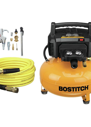 Bostitch 6 Gallon Pancake Air Compressor & 13 Piece Accessory Kit: Air Hose, Blow Gun and Adapter, Blow Chuck, Tire Gauge, Rubber Blow Gun Nozzle, Inflation Needle, and Male Quick Connect Plug