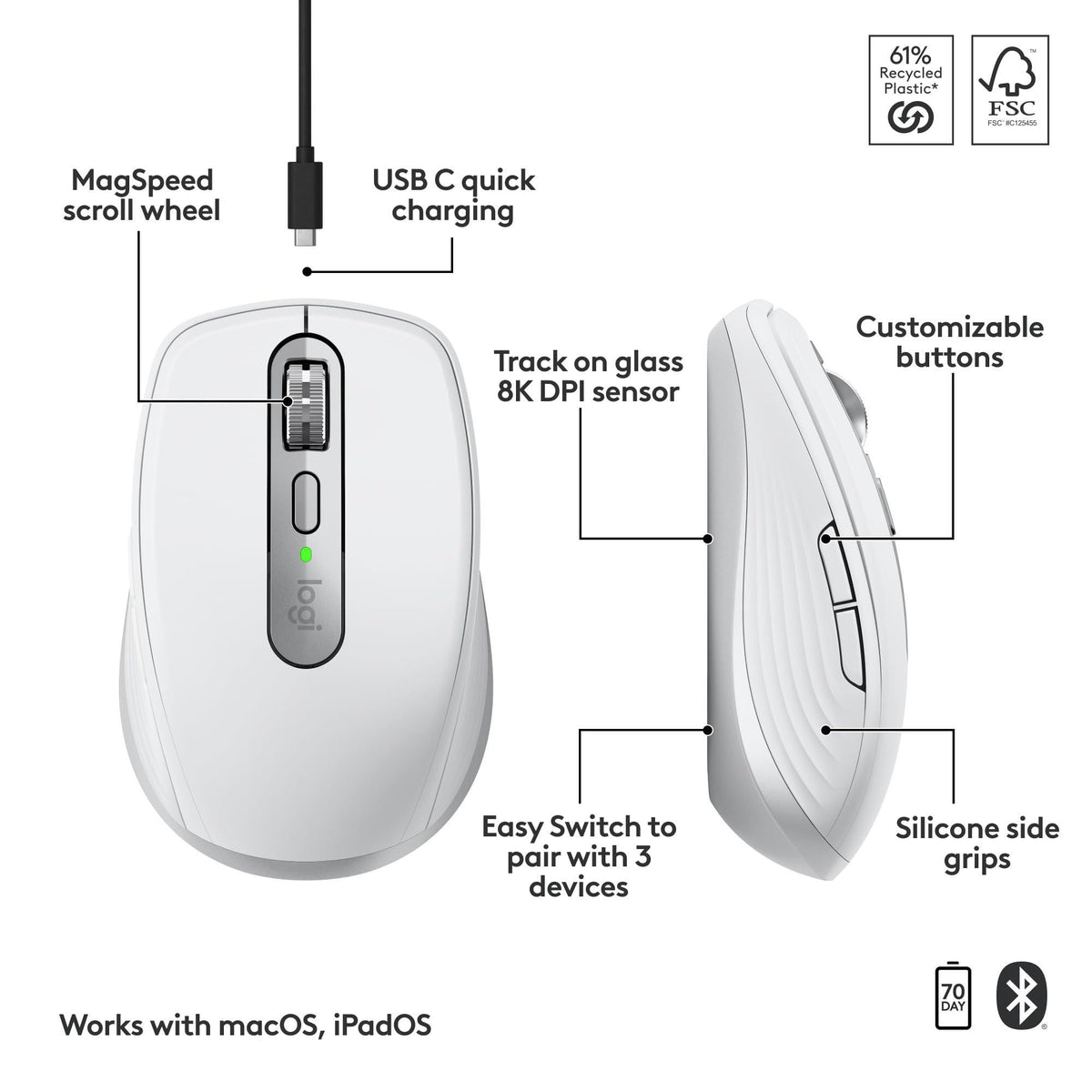 Logitech MX Anywhere 3S for Mac, Compact Wireless Bluetooth Mouse, 8K DPI Any-Surface Tracking, Quiet Clicks, USB C, Wireless Mouse for MacBook Pro, MacBook Air, iMac, iPad - Pale Grey