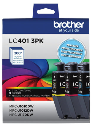 Brother Genuine LC401 Standard Yield 3-Pack Ink Cartridges – Includes 1 Cartridge Each of Cyan, Magenta and Yellow , 3 Count (Pack of 1)