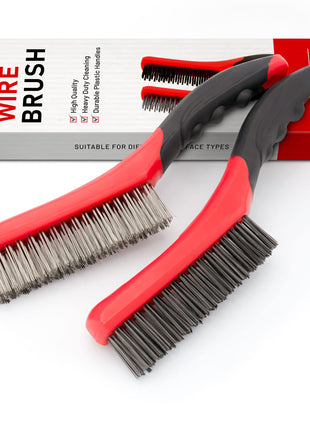 Wire Brush Set-Heavy Duty Stainless & Carbon Steel Bristles with Plastic Handle Grip for Rust, Wielding Slag, Dirt & Paint Scrubbing with Deep Cleaning – 10 Inches, Large (Pack of 2-Red)