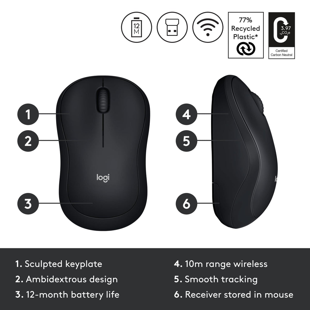 Logitech M185 Wireless Mouse, 2.4GHz with USB Mini Receiver, 12-Month Battery Life, 1000 DPI Optical Tracking, Ambidextrous, Compatible with PC, Mac, Laptop - Black