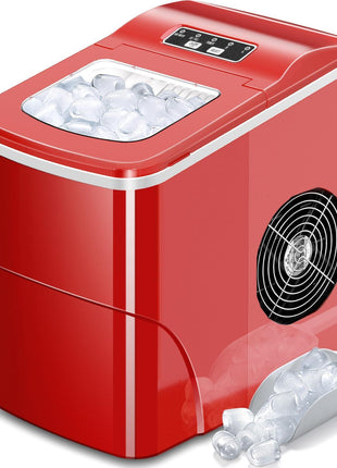 AGLUCKY Ice Makers Countertop with Self-Cleaning, 26lbs/24hrs, 9 Cubes Ready in 6 Mins, Portable Ice Machine with 2 Sizes Bullet Ice/Ice Scoop/Basket for Home/Kitchen/Office/Bar/Party, Red