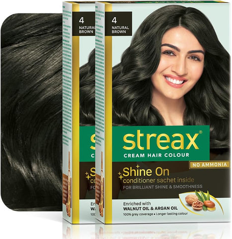 Streax Permanent Hair Colour, 100% Grey coverage, Infused with Argan and Walnut Oil, Long Lasting Cream Hair Colour for Women, Brown Hair Colour, 2 Natural Brown, 120 ml, Pack of 2