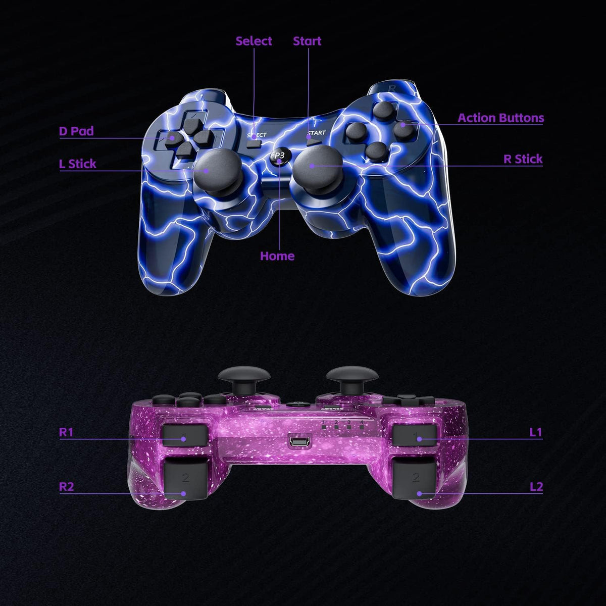 Burcica Wireless Controller for PS-3 Motion Sense Double Vibration Upgraded Gaming Remote for Play 3 with Charging Cord (Blue+Purple)
