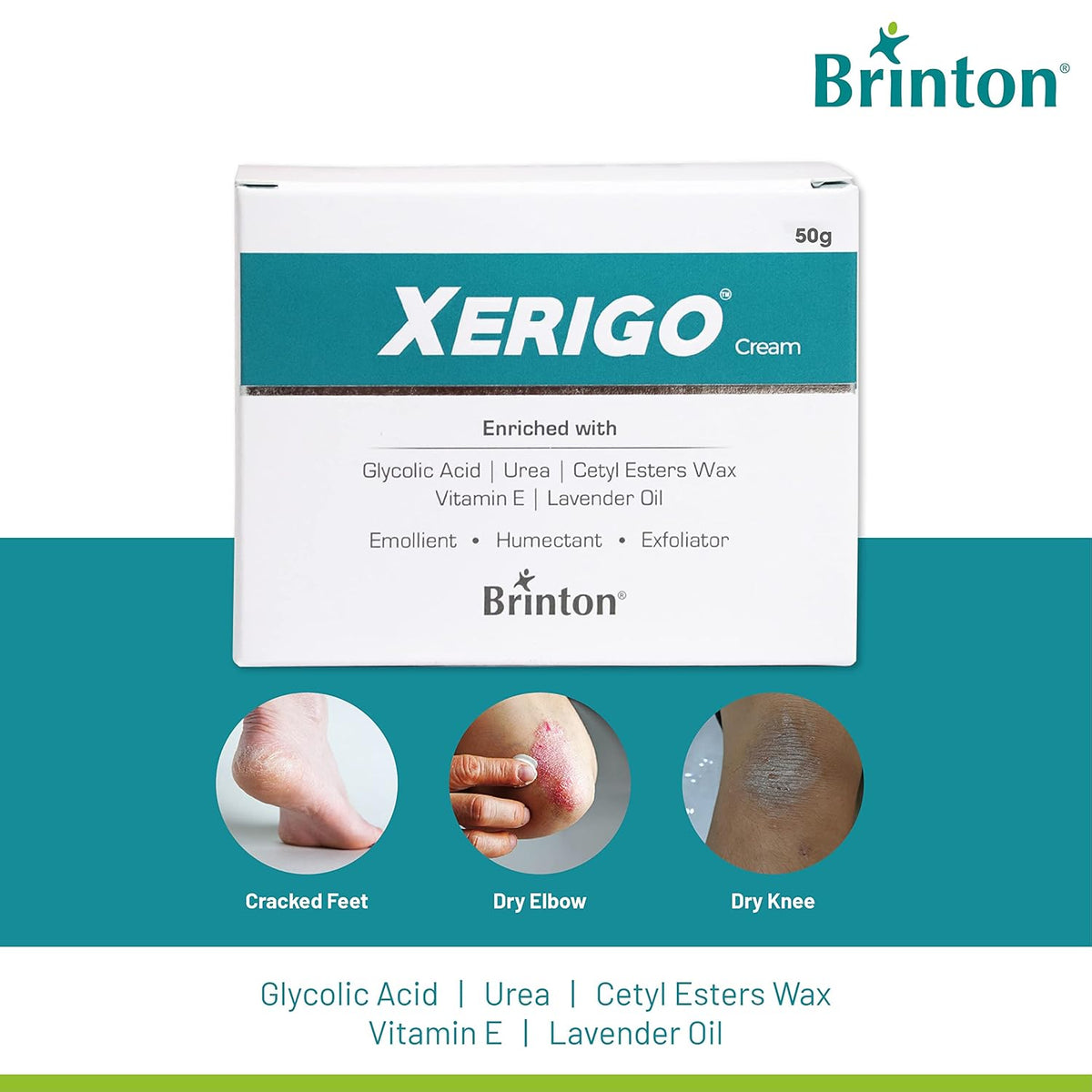 Brinton Xerigo Intense Skin Moisturizing Cream with Exfoliating Ingredients for Cracked Feet, Elbow & Knees, Prevents Moisture Loss, Non-Greasy ,50gm