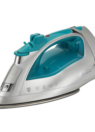 Sunbeam Turbo Steam Iron, 1400 Watt, Nonstick Ceramic Soleplate, Horizontal or Vertical Shot of Steam, Quick Heating, 3 Way Auto Off, White and Chrome (Chrome/Teal)