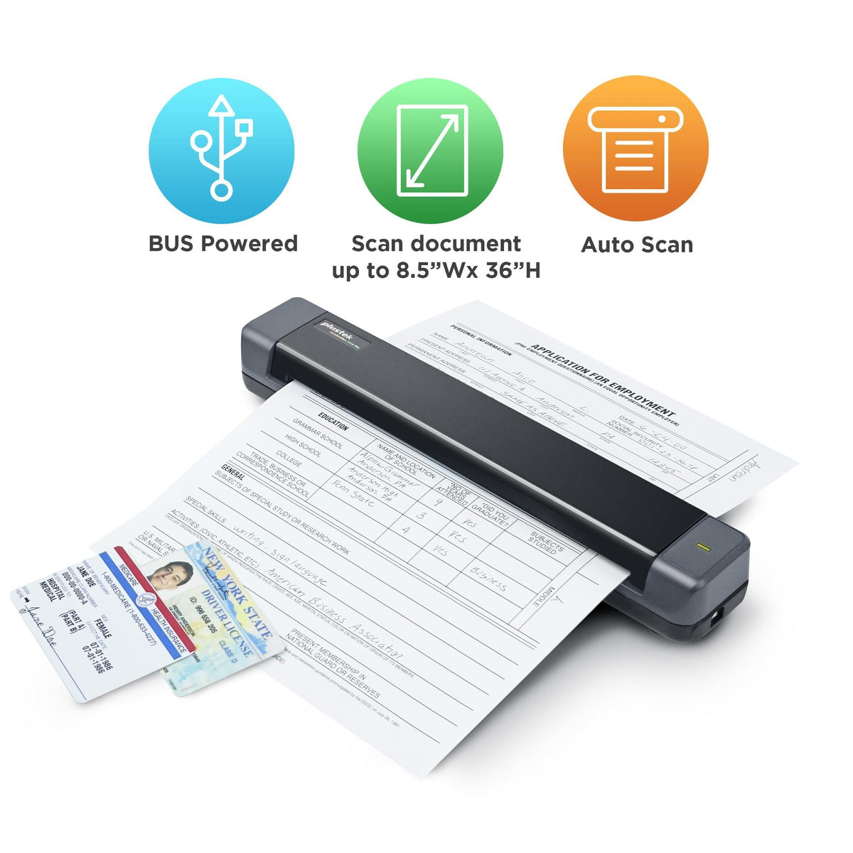 Plustek Mobile Scanner S410 Plus - Portable Sheet-Fed Document Scanner - for Windows 7 / 8 / 10 / 11, Featuring Button-Free Scanning with Included OCR Software