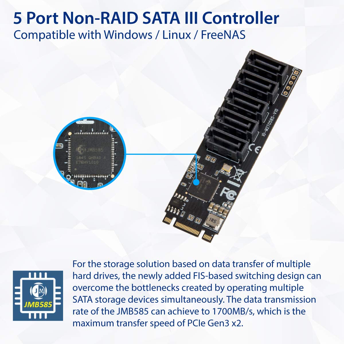IO CREST Internal 5 Port Non-RAID SATA III 6GB/s M.2 B+M Key Adapter Card for Desktop PC Support SSD and HDD. JMB585 Chipset