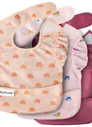 Tiny Twinkle Mess-Proof Baby Bibs for Eating | Waterproof, Wipeable Toddler Bibs with Catch-All Pocket | Feeding Bibs for Girls & Boys(3 Pack,Unicorn)