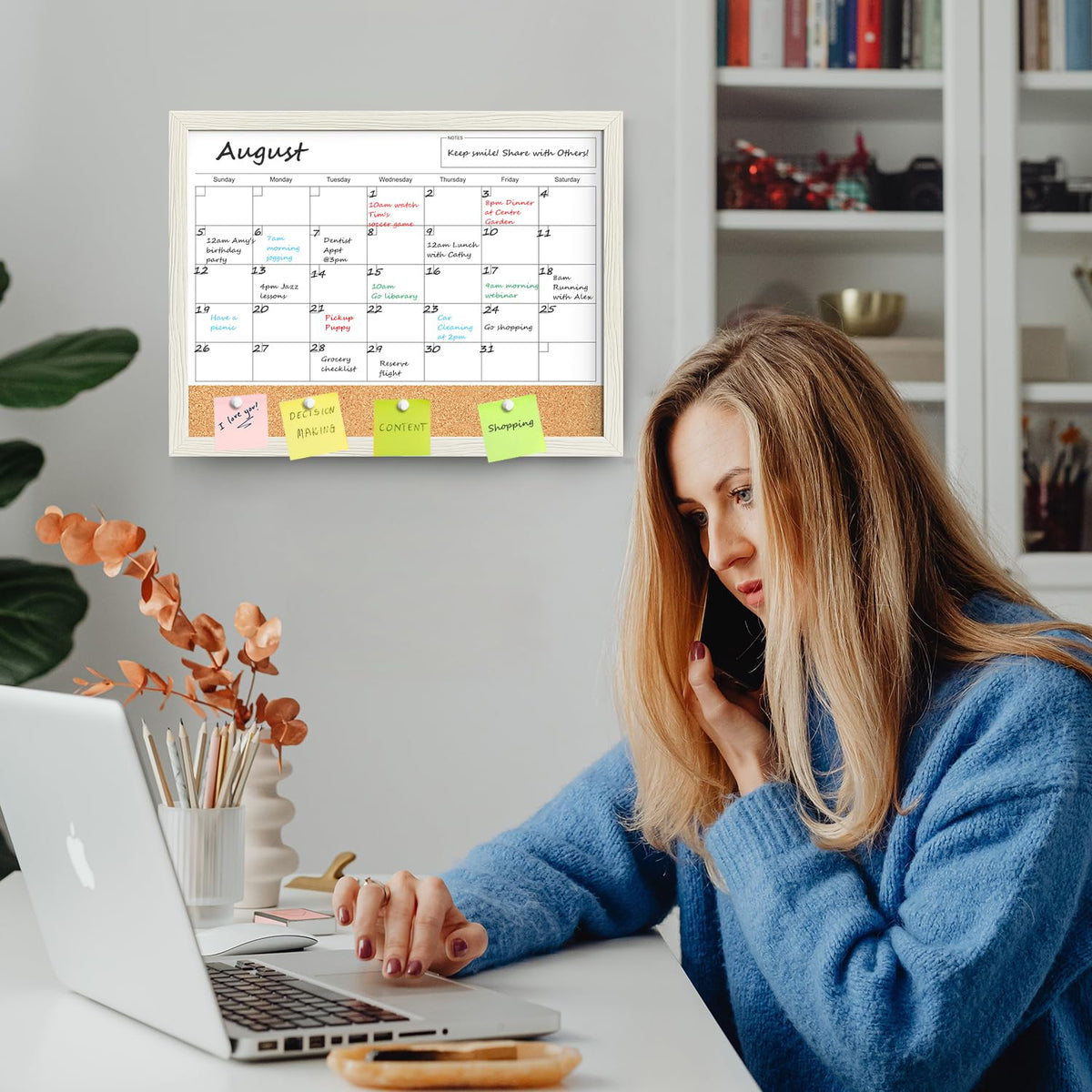 Calendar Whiteboard for Wall, TANKEE 17x13 Inches Whiteboard Calendar Cork Board Combo, Small Magnetic White Board with Wood Framed, Hanging Dry Erase Board for Kitchen Home Office School Planner