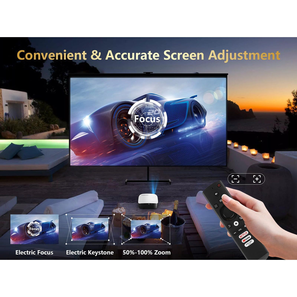 GooDee Smart 4K Projector with 5G WIFI and Bluetooth, Netflix/Amazn Prime Video Certified, Dolby Audio, Outdoor Projector, 400" Zoom Home Theater Projector Compatible with TV Stick,iOS,Android