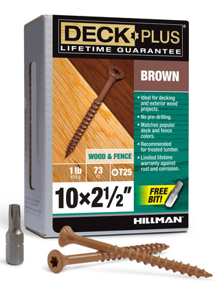 Deck Plus 2-1/2 Inch Epoxy Coated Exterior Wood and Fence Screws #10 x 2-1/2 inch Torx/Star Drive Included Coarse Thread, Outdoor Rust Resistant Decking Screw, Brown, 5 lb Box, 365 Pieces | 49007