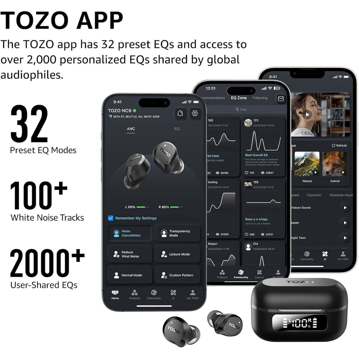 TOZO NC9 Hybrid Active Noise Cancelling Wireless Earbuds, 6 Mics ENC Clear Call, IPX8 Waterproof, in Ear Bluetooth 5.3 Headphones Stereo Bass Ear Buds 59H Playtime with LED Display 32 EQs via APP
