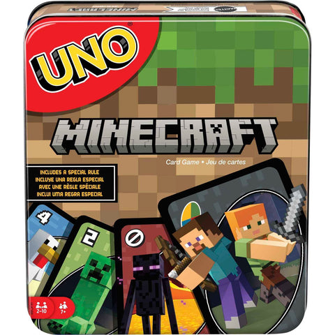 Mattel Games UNO Card Game, Gifts for Kids and Family Night, Themed to Minecraft Video Game, Travel Games, Storage Tin Box
