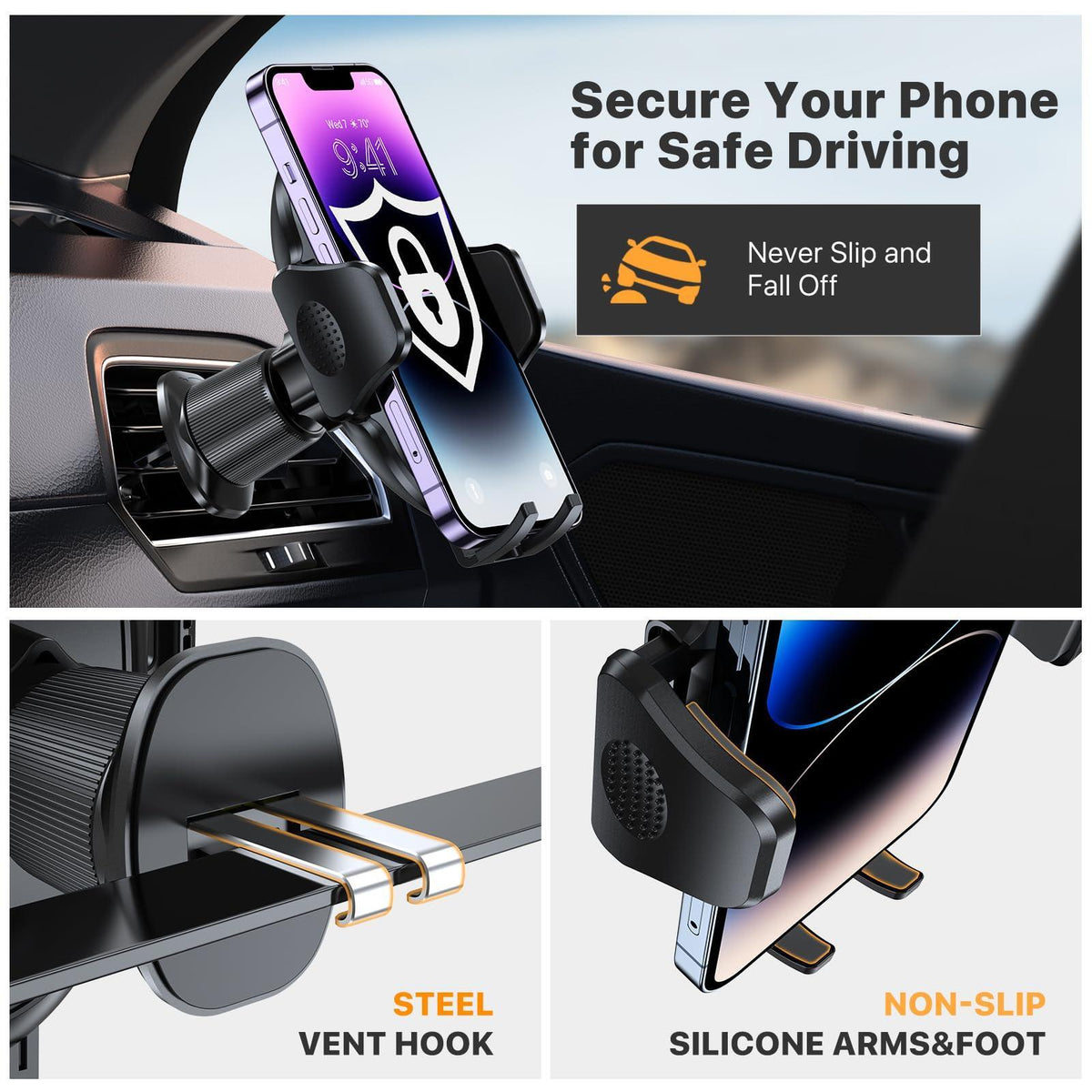 Miracase Phone Holders for Your Car with Metal Hook Clip, Air Vent Cell Phone Stand Car Mount, Universal Automobile Cradle Fit for iPhone Android and All Smartphones, Dark Black