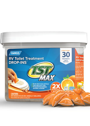 Camco TST MAX RV Toilet Treatment Drop-INs - Control Unwanted Odors & Break Down Waste and Tissue - Safe Septic Tank Treatment - Orange Scent, 30-Pack (41183)