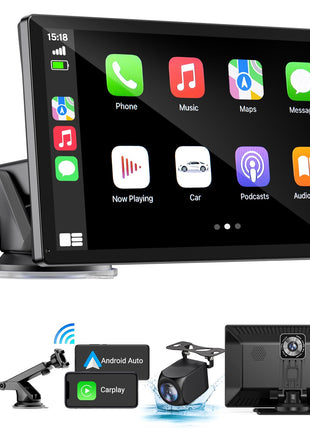 9" Wireless Apple Carplay Screen for Car & Android Auto with Backup Camera | Portable Touchscreen with OTA Update, GPS Navigation/Mirror Link/Voice Control/5.0 Bluetooth