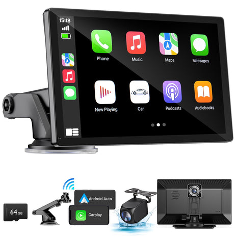 9" Wireless Apple Carplay Screen for Car & Android Auto with Backup Camera | Portable Touchscreen with OTA Update, GPS Navigation/Mirror Link/Voice Control/5.0 Bluetooth