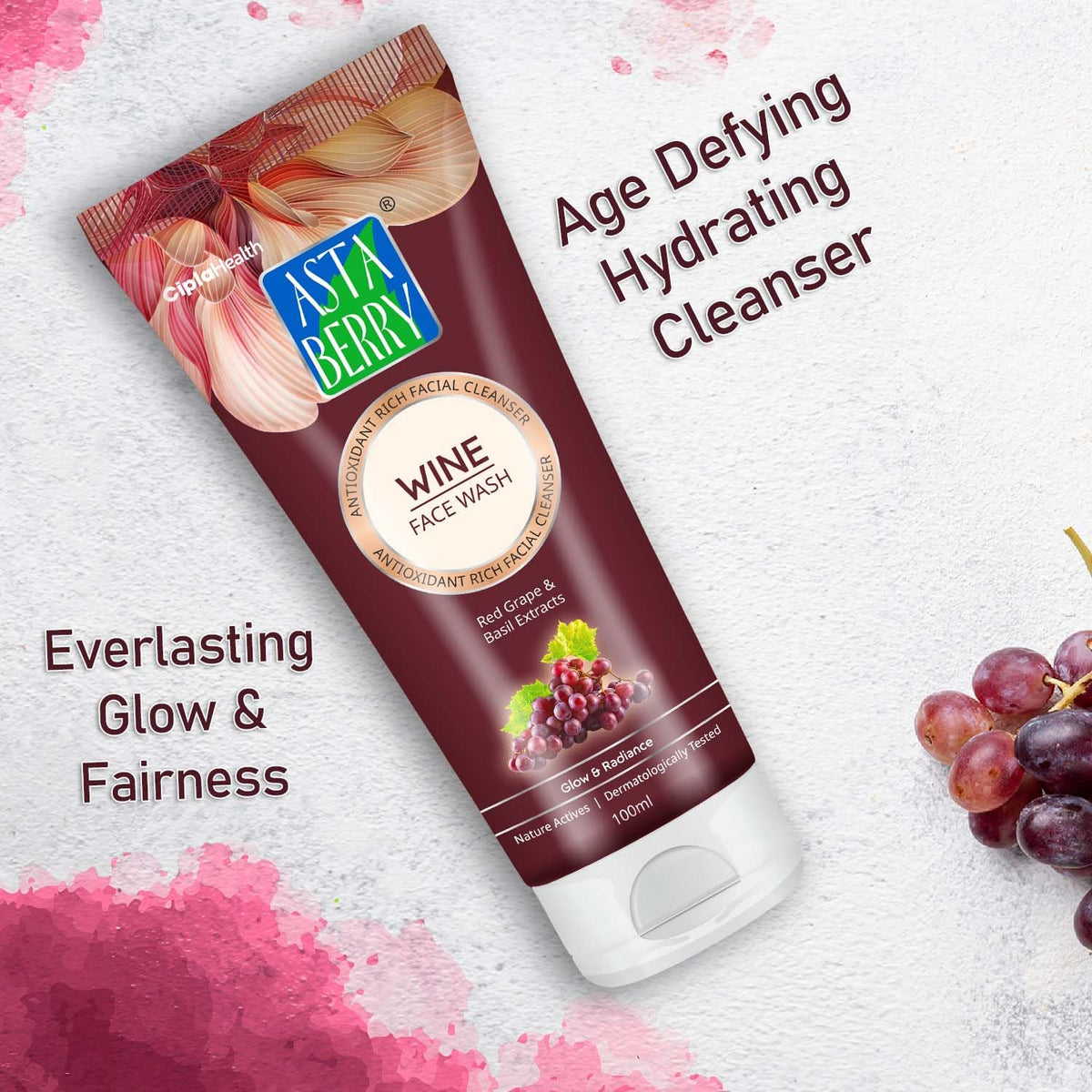 Astaberry Wine Face Wash for helps in cleansing and moisturization of the skin - providing glow and radiance | exerts a powerful antioxidant effect to help delay ageing (Pack of 2 (100ml X 2))