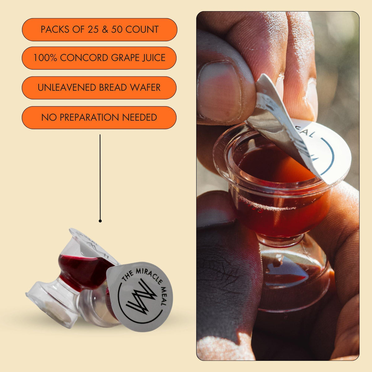 Travel Pack - The Miracle Meal Pre-Filled Premium Chalice Cup - Bag of 50 with Wafer and 100% Concord Grape Juice