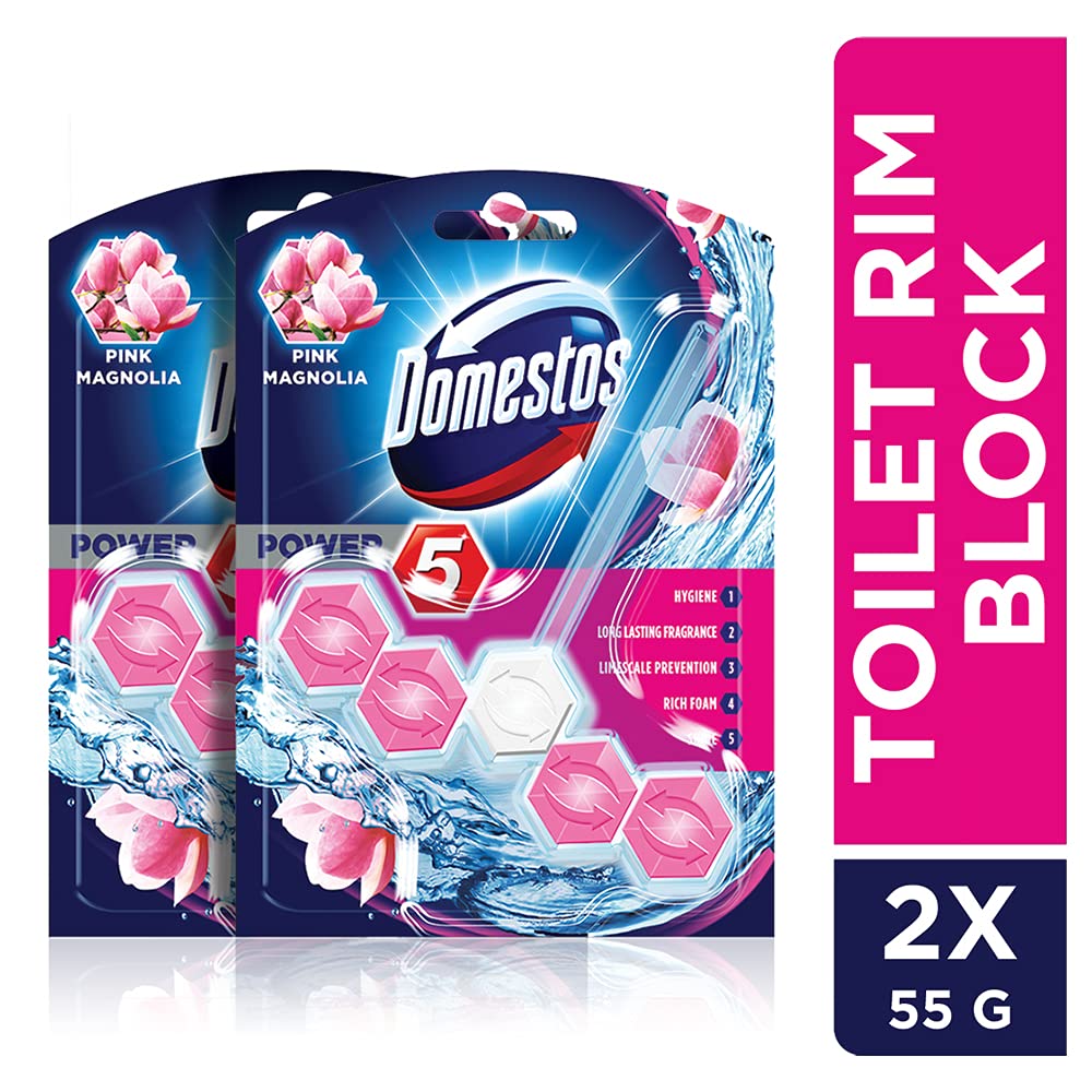 Domestos Toilet Rim Block, Pink Magnolia, Gives Long Lasting Fragrance and Removes Limescales, Provides Hygiene & Shine, 2x55gms