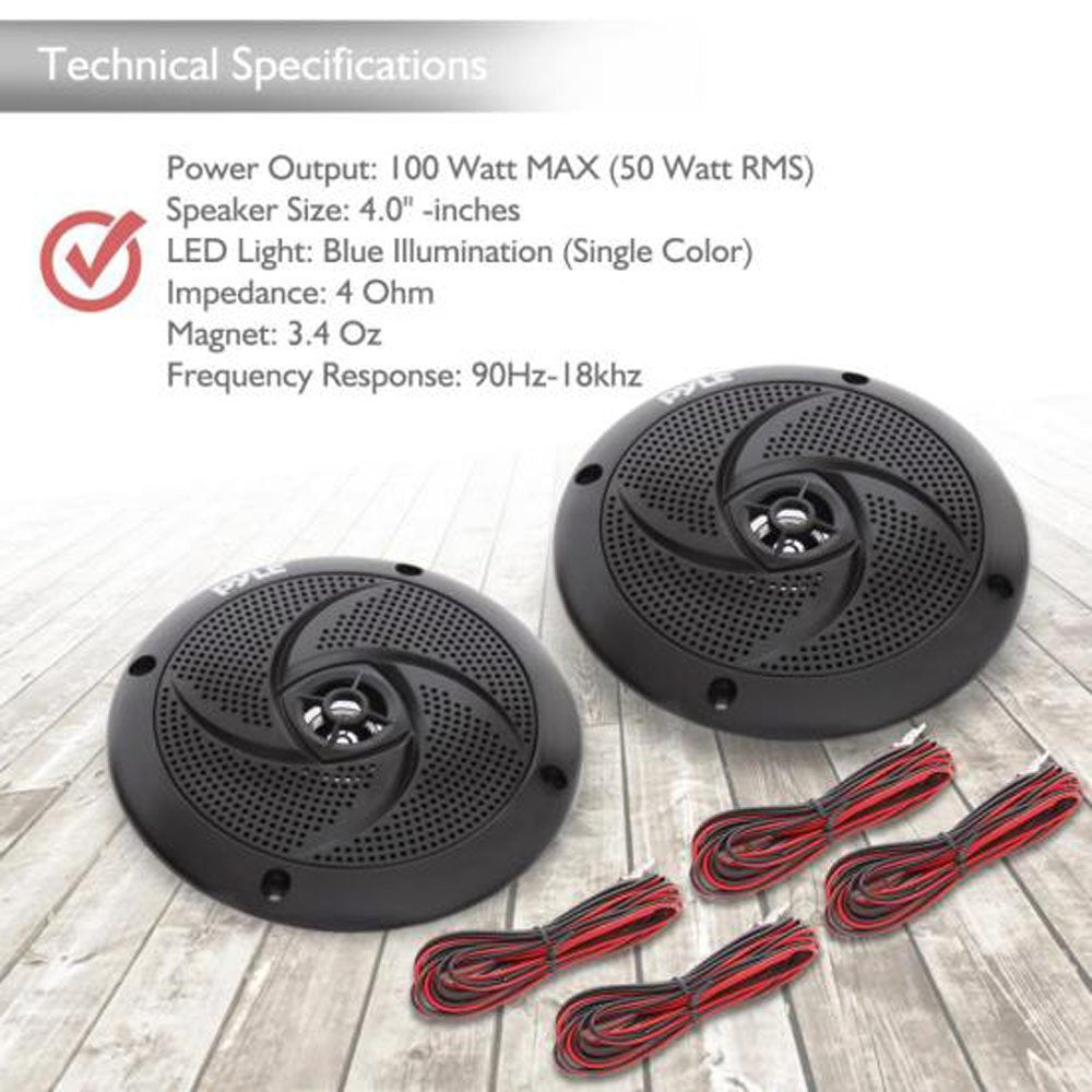 Pyle Low-Profile Waterproof Marine Speakers - 100W 4 Inch 2 Way 1 Pair Slim Style Waterproof Weather Resistant Outdoor Audio Stereo Sound System w/ Blue Illuminating LED Lights - Pyle (Black)