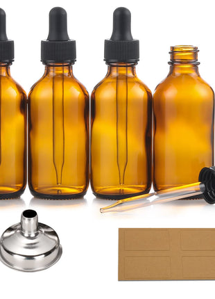 AOZITA 4 Pack, 2 oz Dropper Bottles with 1 Funnel & 4 Labels - Essential Oils Bottles for Health, Personal Care & Beauty - 60ml Thick Dark Amber Glass Tincture Bottles with Eye Droppers, Leakproof