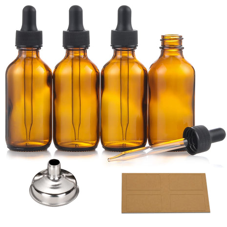 AOZITA 4 Pack, 2 oz Dropper Bottles with 1 Funnel & 4 Labels - Essential Oils Bottles for Health, Personal Care & Beauty - 60ml Thick Dark Amber Glass Tincture Bottles with Eye Droppers, Leakproof