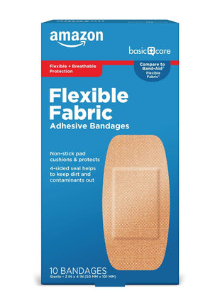 Amazon Basic Care Flexible Fabric Adhesive Bandages, XL (2 in x 4 in), Protection for All Skin Types, Flexible Stretch That Conform to Wounds, 10 Count