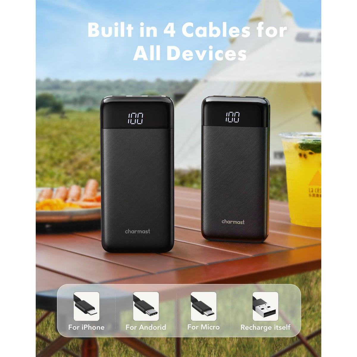 charmast Portable Charger with Built in Cables, Power Bank with Cords Wires, Slim 10000mAh Travel Battery Pack 6 Outputs 3 Inputs 3A Fast Charging for Samsung Google Pixel LG Moto iPhone iPad