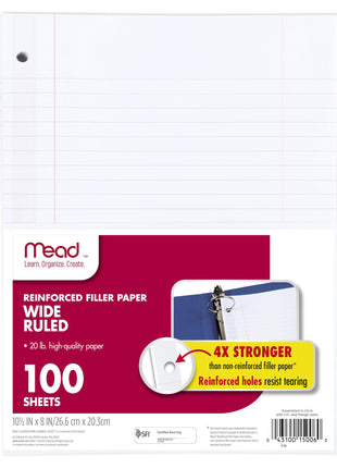 Mead Loose Leaf Paper, Wide Ruled Filler Notebook Paper, Reinforced, 8 inch x 10-1/2 inch, 100 Sheets, Fits 3-Ring Binder (15006)