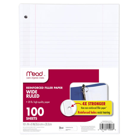 Mead Loose Leaf Paper, Wide Ruled Filler Notebook Paper, Reinforced, 8 inch x 10-1/2 inch, 100 Sheets, Fits 3-Ring Binder (15006)