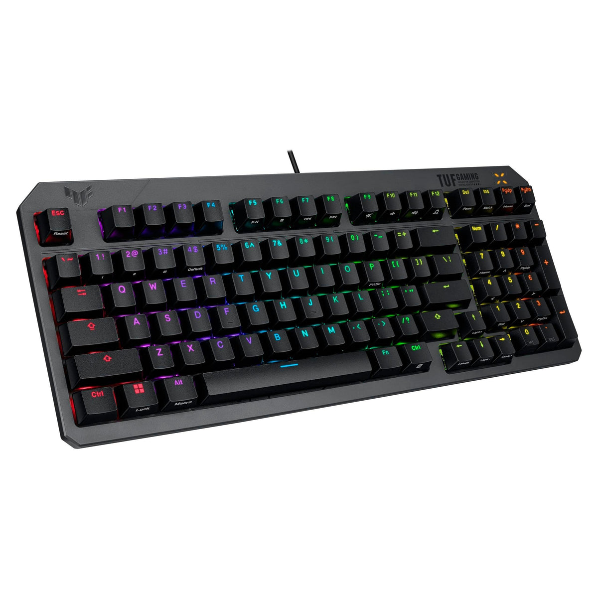 ASUS TUF Gaming K3 Gen II keyboard with compact 97-key, optical-mechanical RGB Blue (Clicky) switches, silicone-gasket mount, dampening foam, IP57 waterproofing, a detachable top plate, and Aura Sync.