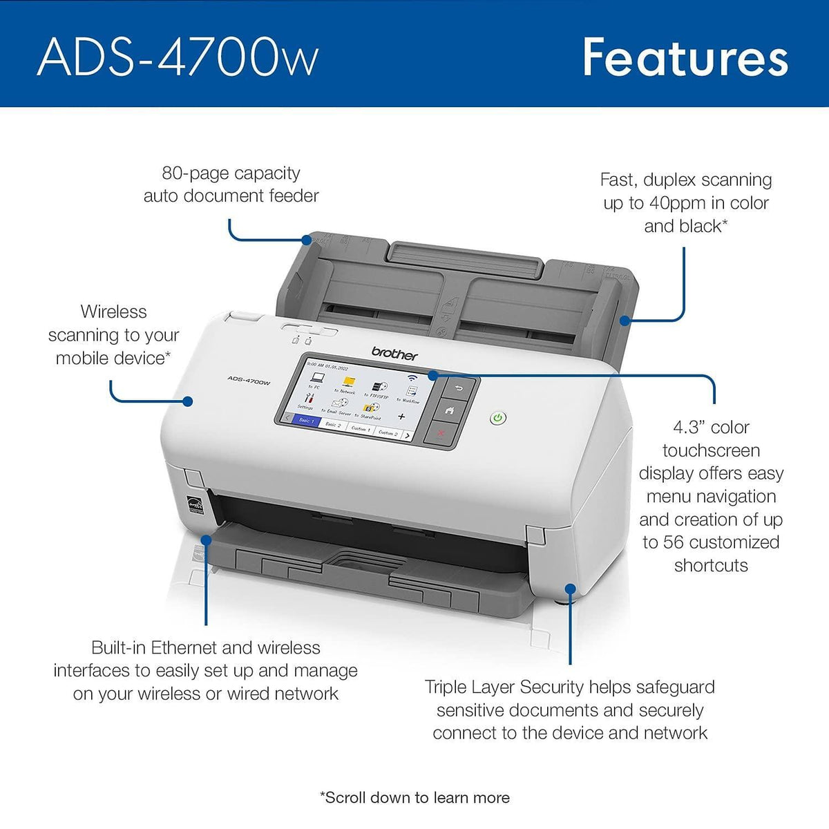 Brother ADS-4700W Professional Desktop Scanner with Fast Scan Speeds, Duplex, Wireless, and Large Touchscreen, White