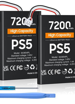 PS5 Controller Battery, High Capacity 2x7200mWh Rechargeable PS5 Battery Pack for Dualsense Controller with Black Skin, Replacement Batteries for PlayStation 5 with Screwdriver Tool Set