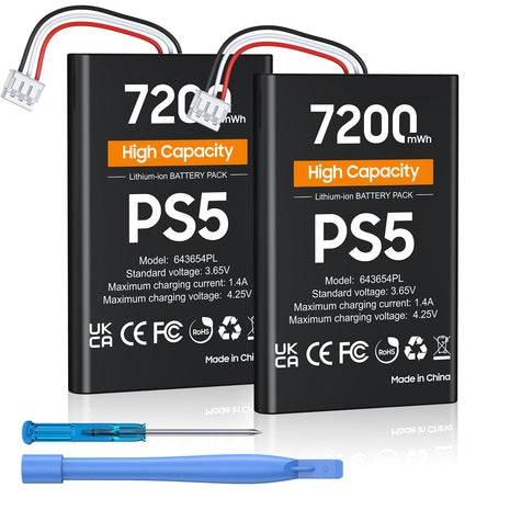 PS5 Controller Battery, High Capacity 2x7200mWh Rechargeable PS5 Battery Pack for Dualsense Controller with Black Skin, Replacement Batteries for PlayStation 5 with Screwdriver Tool Set