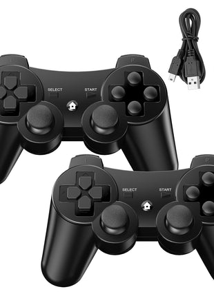 Diswoe Controllers for PS-3, Wireless PS-3 Controller 2 Pack, Bluetooth Gamepad Joystick, Double Vibrating Controller for Play_station 3 with 2 USB Charging Cables Thump Grips, Black