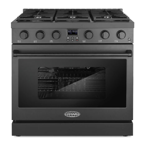 36 in. Lumin Coll 6.1 cu. ft. 6 Burner Gas Range, Convection, Matte Black | Cosmo COS-GRC366KB-BK Sealed Burners, 6 Oven Function, Digital Display with Timer, Cast Iron Grates, LP Convertible