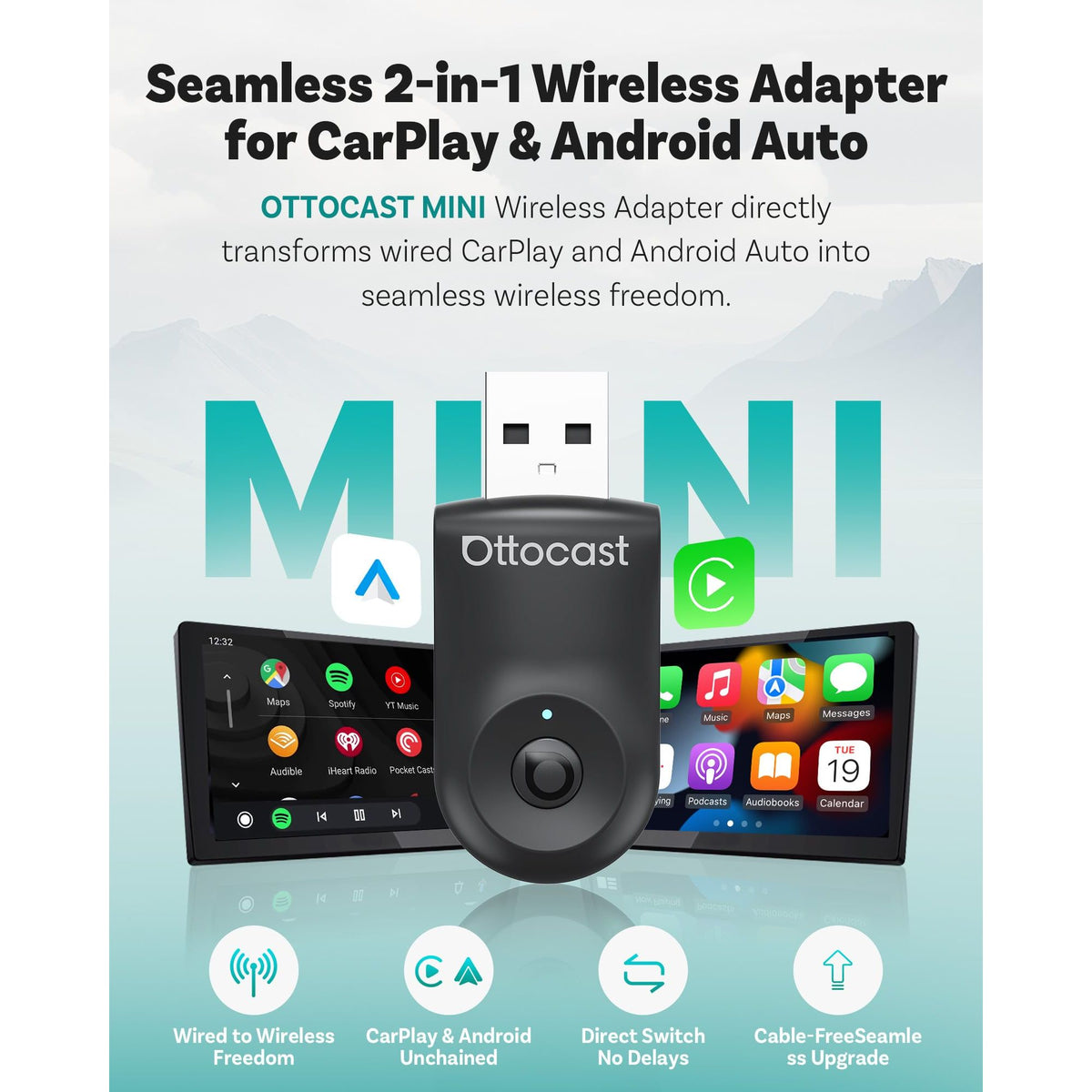 OTTOCAST Mini 2025 2-in-1 Wireless CarPlay/Android Auto Adapter, 5GHz WiFi, Auto Connect for 2016+ Cars