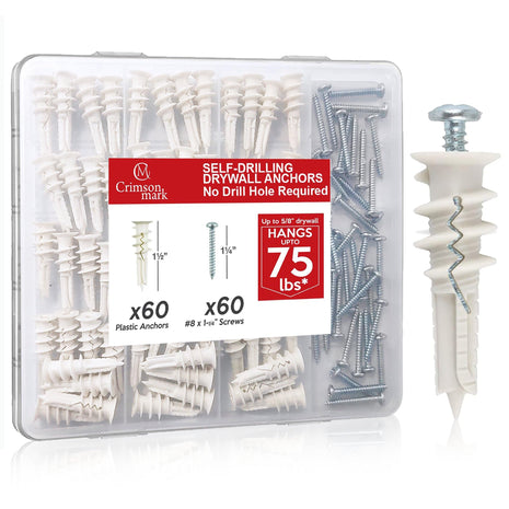 120Pcs #8 Self Drilling Drywall Anchors and Screws Kit | #8 x 1-1/4" Superb Wall Anchors Hold Up to 75lbs, No Drill Hole Required for Drywall Screws & Anchors Installation