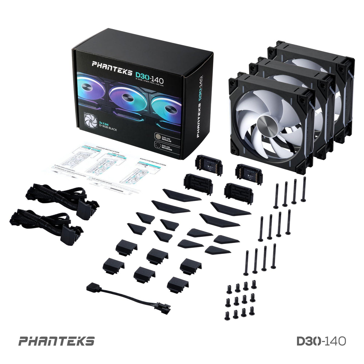 Phanteks D30-140 DRGB PWM Fan 3Pack, Premium D-RGB Performance Fans, ARGB/DRGB Lighting, Daisy-Chain Fan Linking System, 3Pack (Black)