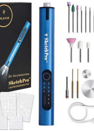 SketchPro Cordless Engraving Pen with LED Light – 3-Speed Precision Etching Tool for Wood, Metal, Glass & Plastic – USB-C Rechargeable, 26 Accessories – Ideal for DIY, Jewelry & Craft Projects